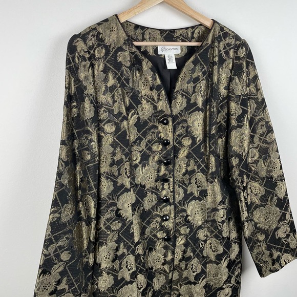 Vintage Gold Metallic Floral Tapestry Jacket Longline Blazer Size 14 Button Up - Picture 9 of 10